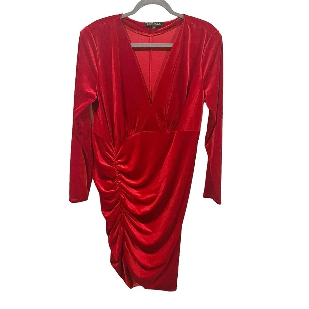 Eloquii Velvet Ruched Dress Plus Size 16 Red Long Sleeve Bodycon Party Short - Picture 2 of 5